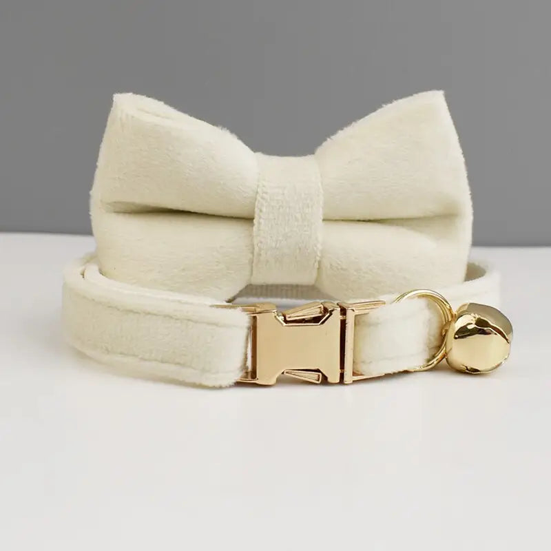 Collier pratique en velours pour votre toutou, avec nœud papillon blanc et boucle dorée