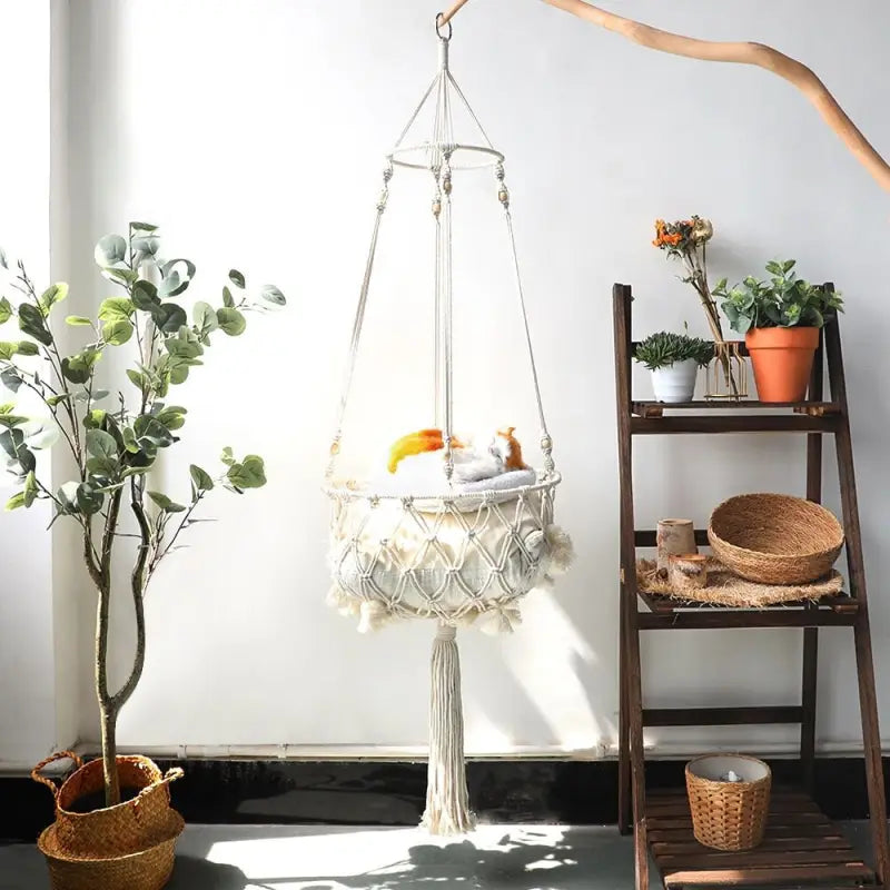 Hamac Macramé Optimal Comfort pour chat avec plante et échelle sur mur blanc