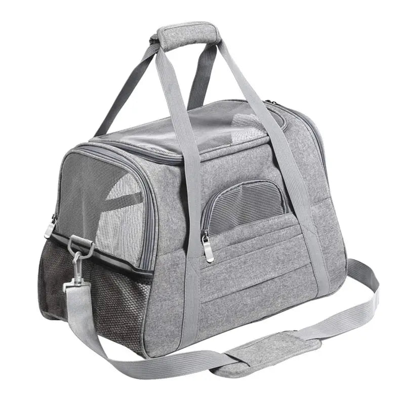 Sac de voyage pour chat gris avec fermeture à glissière ; sécurisant et apaisant, parfait pour des voyages en toute sécurité