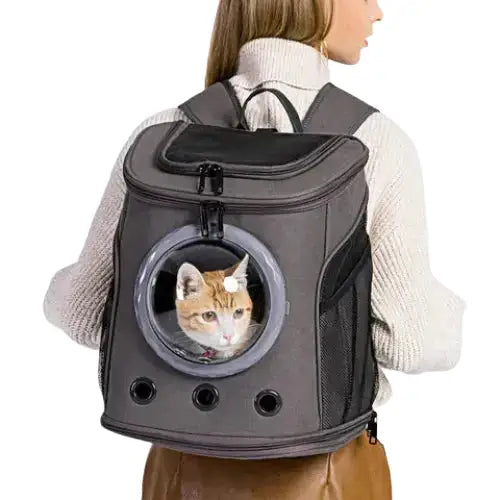 Femme tenant un chat dans un AstroBag : Adventure Backpack for Cat, prêt pour des aventures à l’extérieur Transparent Background