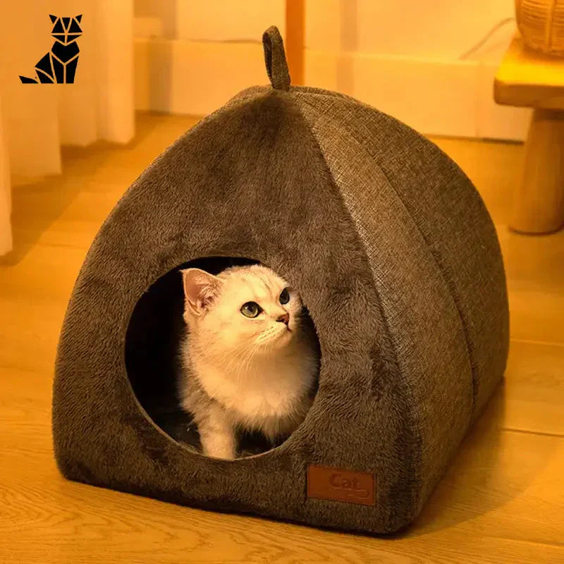 Chat se prélassant dans le lit Cozy Cat Hut posé sur le sol, facile à nettoyer et parfait pour les siestes