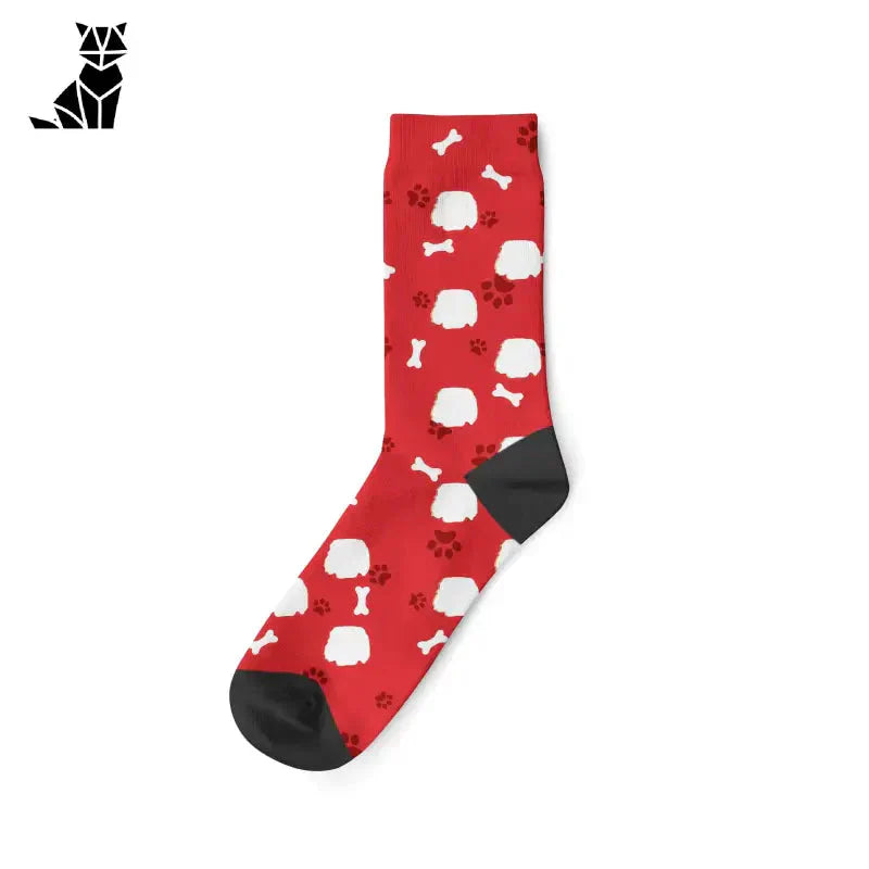 Chaussette rouge avec chiens blancs et pieds noirs - Chaussettes chat personnalisées pour un style unique