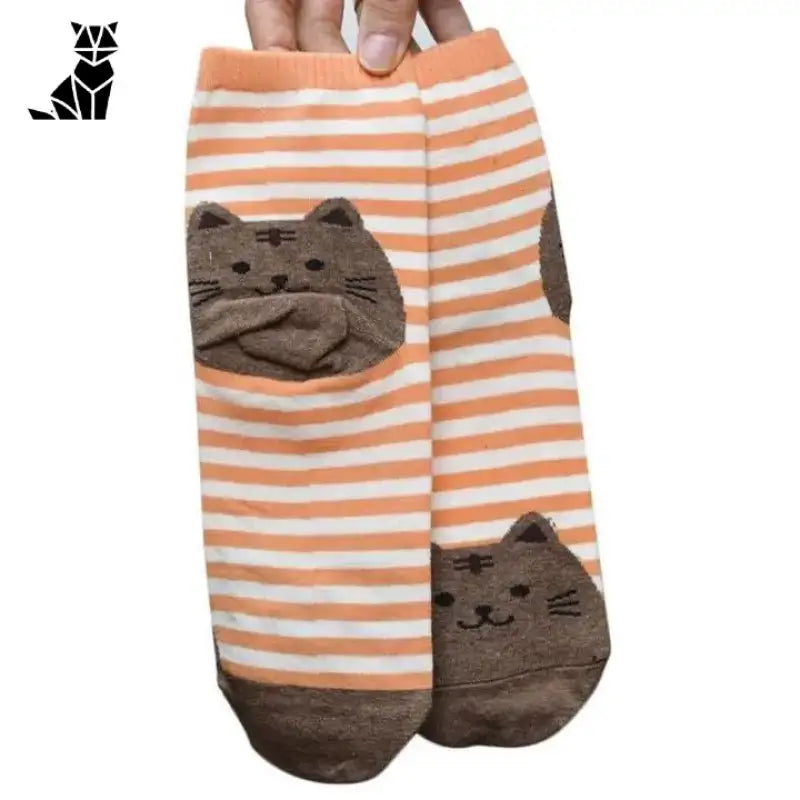 Chaussettes Chats Adorables Avec Rayures Colorées Et Broderies Mignonnes - Orange