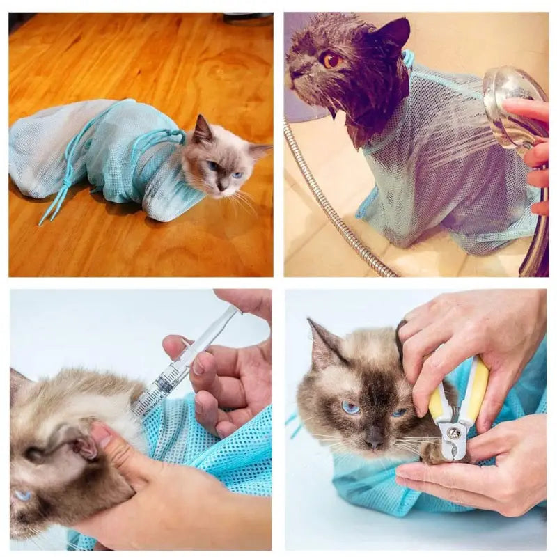 La toilette d’un chat par une personne avec le filet de bain pour chat Safe Cat Bath Net pour des soins faciles et sûrs