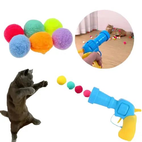 Jouet interactif pour chat - Mini lanceur de pompons avec un chat jouant du pistolet et discutant Transparent Background