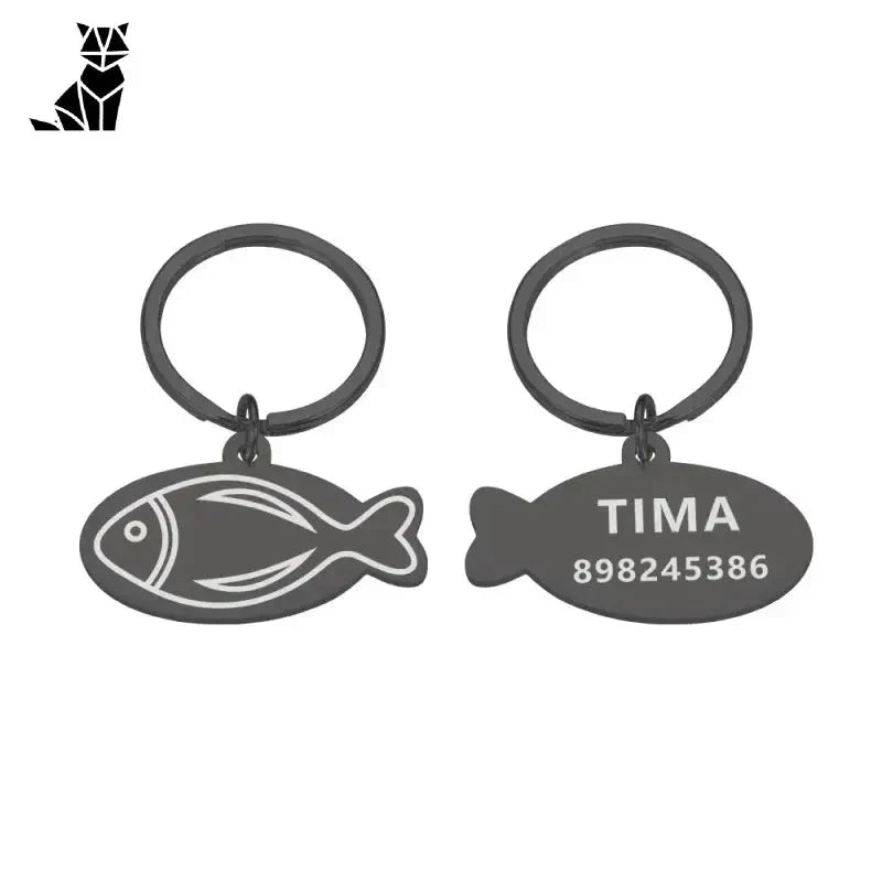 Deux porte-clés en acier inoxydable en forme de poisson avec noms gravés de la collection Clear Identity Medal