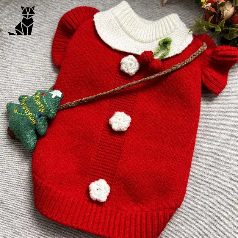 Pull de Noël pour chiens en matière chaude avec collier à pompon rouge et blanc festif