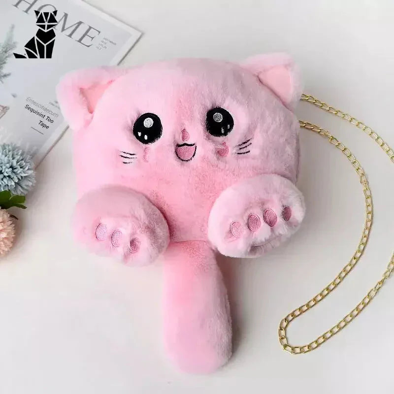 Sac peluche femme avec bandoulière rose en forme de chat et chaîne